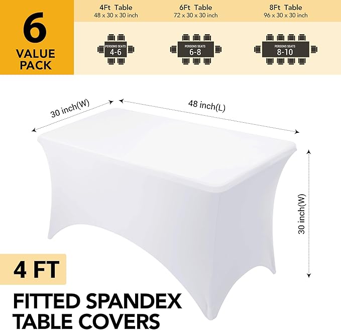 6-Pack Premium White Spandex Tablecloths for 4ft Rectangle Tables, Stain & Wrinkle-Resistant, Washable Stretch Polyester Fitted Table Cover for Weddings, Banquets, Trade Shows Events