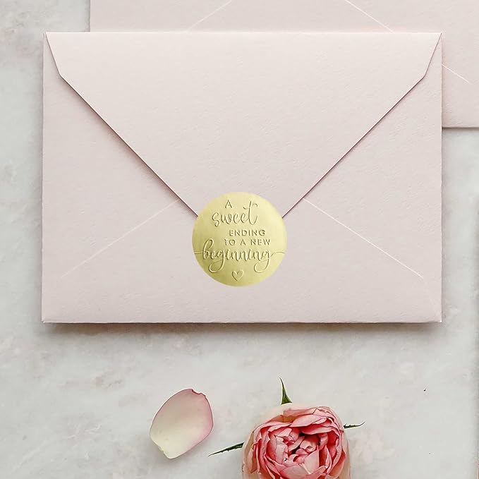 100 x A Sweet Ending to a New Beginning Stickers – Embossed Gold Foil Labels – Wedding & Graduation Favor Stickers for Candy or Gift Bags – Elegant Party Seals, 1.6 Inch