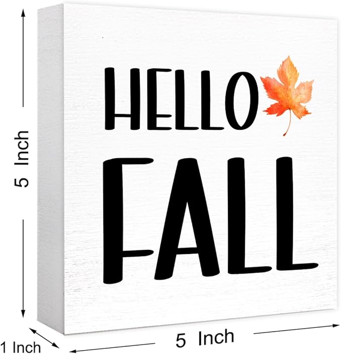 Funny Autumn Wood Box Sign Hello Fall Wooden Block Desk Decor for Home Office Kitchen Cubicle Table Shelf Tabletop,Farmhouse Fall Sign Decor