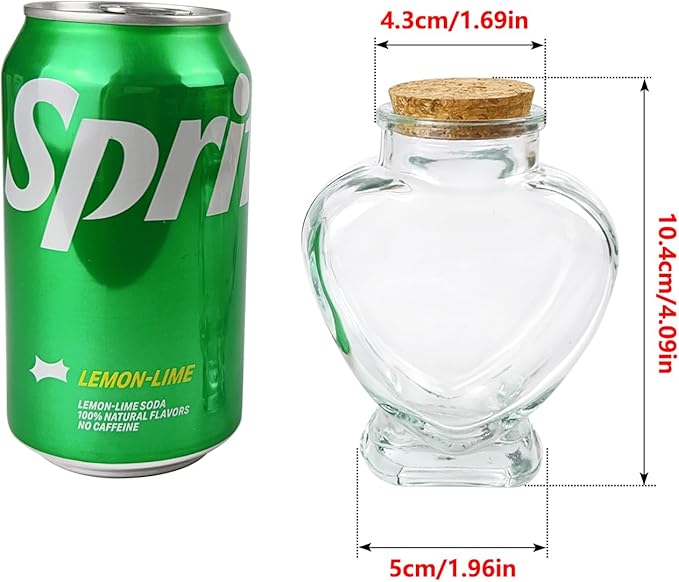 2 Pcs Heart Shaped Glass Bottle with Cork Stopper,160ml Large Empty Jar Decorative for Paper Stars,Wedding Wishes Love Notes Pet Hair Memory Keepsake Romantic Gift 3.3" Opening（Love）