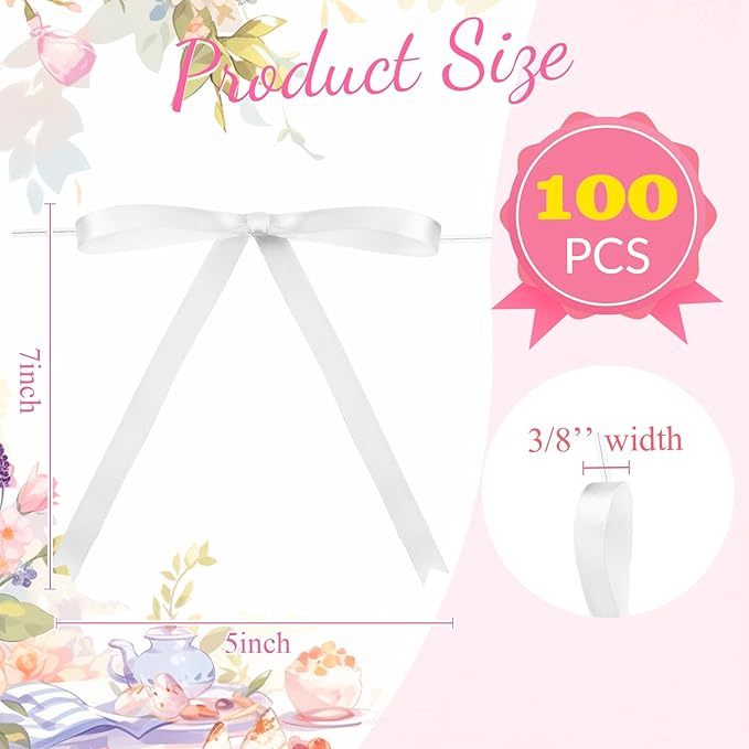 Riceshoot 100 Pcs Twist Tie Bows Bulk 5x7 Inch Satin Ribbon Bows for Gift Wrapping Cake Treat Bags Craft DIY Gift Wedding Baby Shower Birthday Party (White)