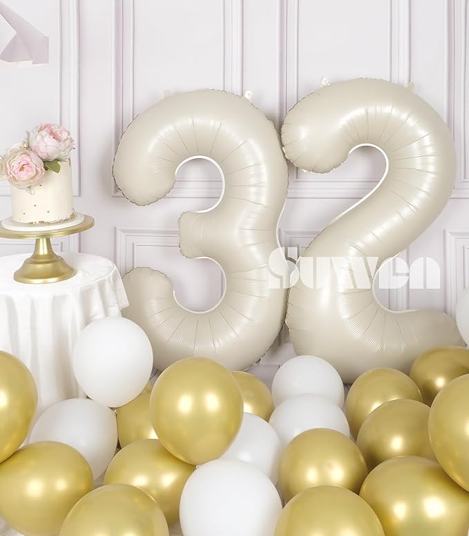 SUWEN 40 Inch Large Cream White 32 Balloon Numbers Big Foil Helium Number Balloons 0-9 Jumbo Happy 32nd Mylar Birthday Party Decorations for Women or men 23 Anniversary Party Supplies