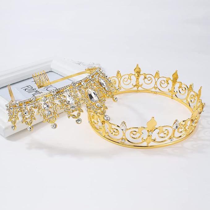 AOPRIE King & Queen Artemis Tiara and Crown for Women Men Crystal Hair Accessories for Wedding Prom Bridal Birthday Party Halloween Costume Christmas Gifts Gold Princess Tiara for Girls Boys