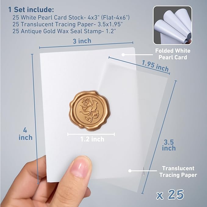 25 Pack Name Cards for Table Setting, Place Cards with Antique Gold Rose Wax Seal Sticker for Wedding, Table Tent Card Stock Handmade Decor for Party, Dinner, Home (Pearlized White)