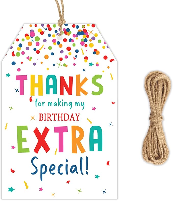 Thank You Tags, 50PCS Thanks for Making My Birthday Extra Special! Colorful Gift Tags with Jute Twine for Birthday Parties, Gift Wrapping, and Party Favors (2.2"x3.3")