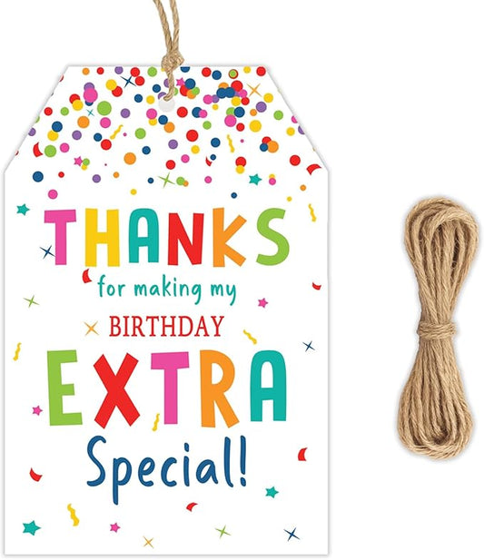 Thank You Tags, 50PCS Thanks for Making My Birthday Extra Special! Colorful Gift Tags with Jute Twine for Birthday Parties, Gift Wrapping, and Party Favors (2.2"x3.3")