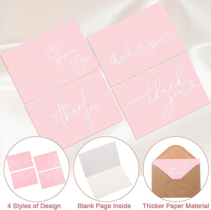 Teling 200 Set Thank You Cards with Envelopes Bulk, 6 x 4 Inch Blank Thank U Greeting Notes with Brown Kraft Envelopes Stickers Thankyou Card Set for Graduation Wedding Birthday Baby Shower(Pink)