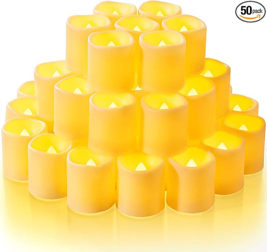 Homemory 50Pack Flickering Flameless Votive Candles,200+Hour Electric Fake Candles,Battery Operated LED Tealight for Wedding,Outdoor,Table,Halloween,Christmas Decor(Warm White,Battery Included)