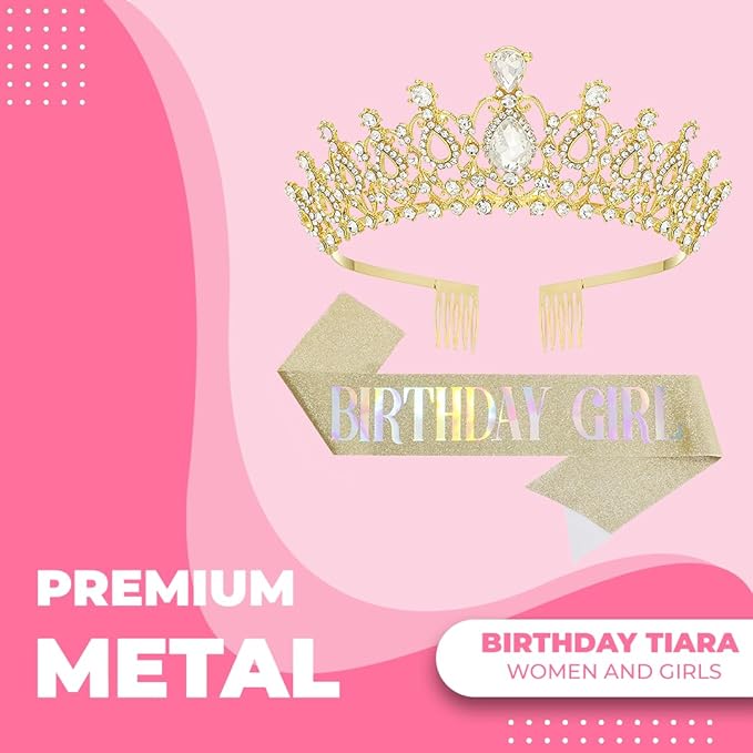 Birthday Tiara and Crown with Sash for Women, Hair Accessories for Wedding Party Costume (B)