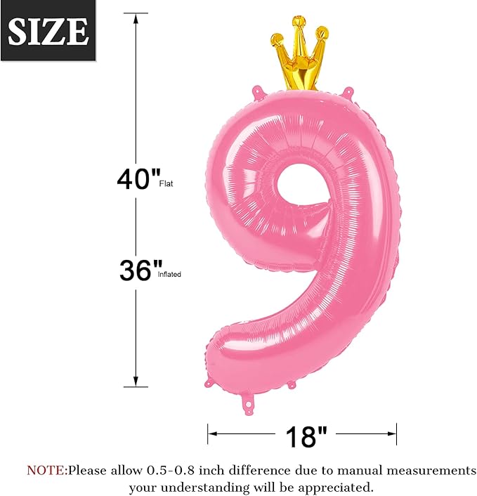 40 Inch Pink Number Balloon 0-9(Zero-Nine) with Crown, Big Size Happy Birthday Balloon, Foil Helium Big Number Balloon for Birthday Party,Wedding, Anniversary (PINK 9)