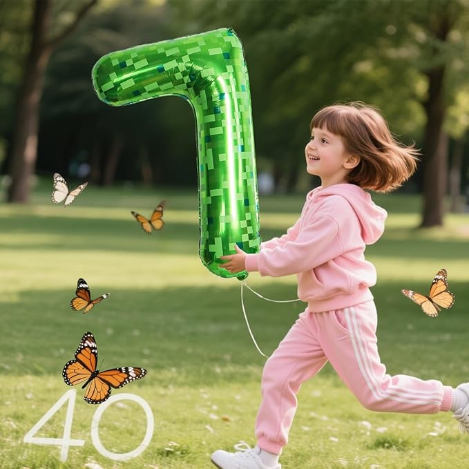 Green Number Balloons, Gaint Green Pixel Number 7 Balloon 40 Inch Dark green 7 Balloon for Boys Girls Kids 7th Birthday Party Decoration