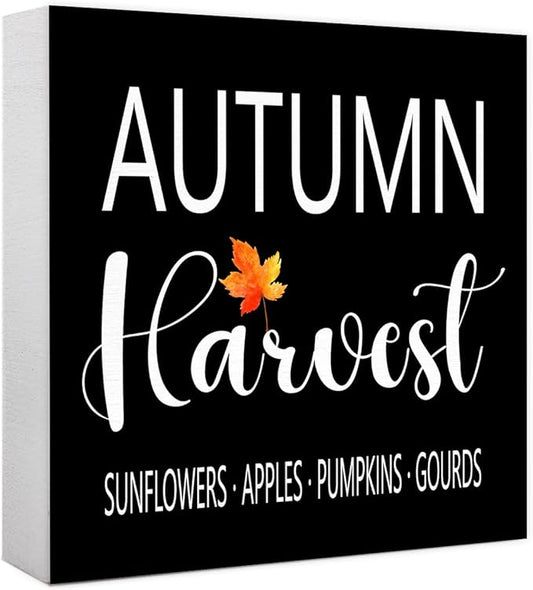 Funny Autumn Wood Box Sign Autumn Harvest Wooden Block Desk Decor for Home Office Kitchen Cubicle Table Shelf Tabletop,Farmhouse Fall Sign Decor