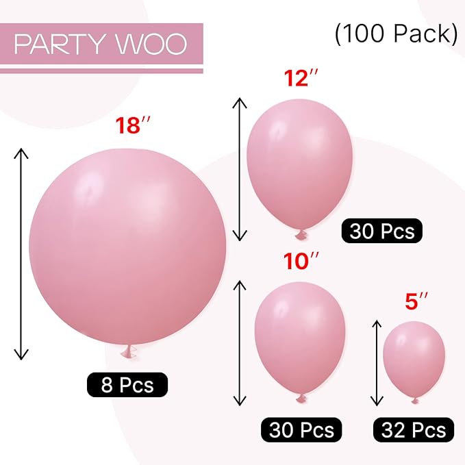 PartyWoo Mauve Balloons 100 pcs Different Sizes of 18 12 10 5 Inch Dusty Dark Boho Pink Latex Balloon Arch Kit Garland for Baby Shower Bridal Shower Wedding Birthday Party Decorations Pink-F30
