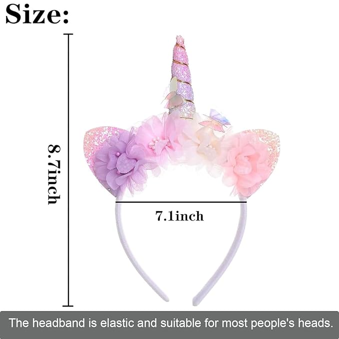 Unicorn Headband for Women - Flower Glitter Horn with Butterfly & Ears Headband, Magical Blossom Hair Accessory for Birthday Party Hair Decoration,Halloween Christmas Cosplay Hairband