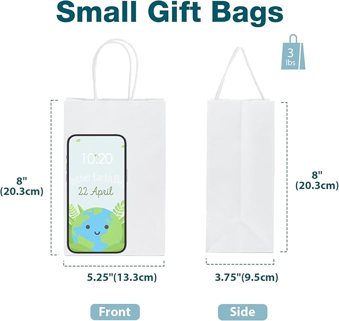 MESHA Gift Paper Bags 20Pcs 5.25x3.75x8 Inch White Small Shopping Kraft Bags Bulk with Handles Reusable for Business Grocery Birthday Wedding Kids Party Favors(Made in USA)