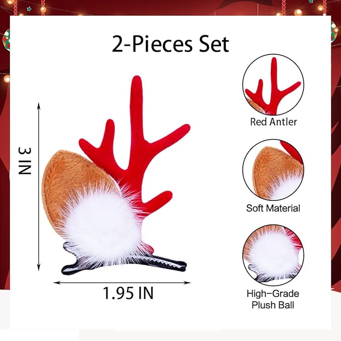 Christmas Reindeer Antlers Headband Brown Red Deer Ears Clips with Elk Fluff Red Antler Design Party Xmas Deer Antlers Decor Holiday Costume Hairpin for Women Ear Decoration