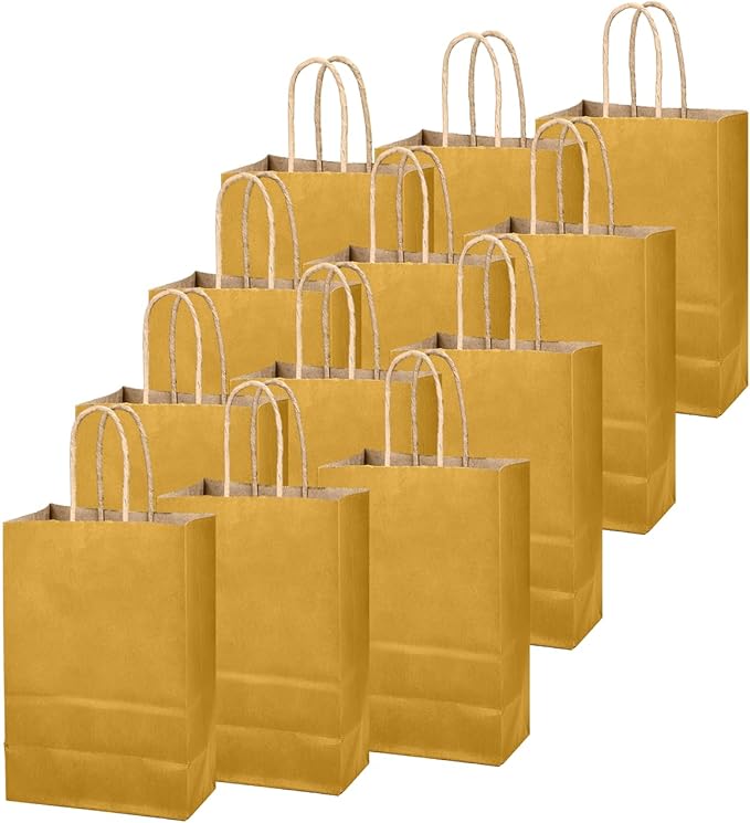 qiqee Mustard Yellow Gift Bag with Handles Bulk 24Pcs Paper Bags -10.6"x8.3"x4.3"Party Favor Bags - Solid Color