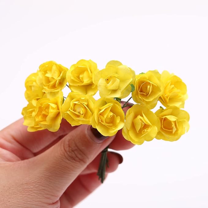 144pcs Mulberry Paper Mini Roses Artificial Flowers Heads with Stems for DIY Crafts Accessories Make Bridal Hair Clips Headbands Dress Wedding Bridal Bouquets Party Home Decor Valentine's (Yellow)
