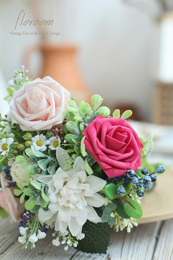 Floroom Artificial Flowers 25pcs Real Looking Shimmer Blush and Peach Foam Fake Roses with Stems for DIY Wedding Bouquets Bridal Shower Centerpieces Floral Arrangements Party Tables Home Decorations