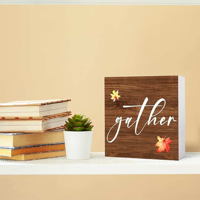 Funny Autumn Wood Box Sign Gather Wooden Block Desk Decor for Home Office Kitchen Cubicle Table Shelf Tabletop,Farmhouse Fall Sign Decor