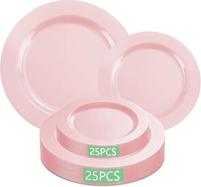 MENDENG 50PCS Pink Plastic Plates for Party, 25x10.25 Dinner Plates & 25x7.5 Dessert Plates, Heavy Duty Disposable Plastic Plates for Wedding Party Birthday Mother's Day