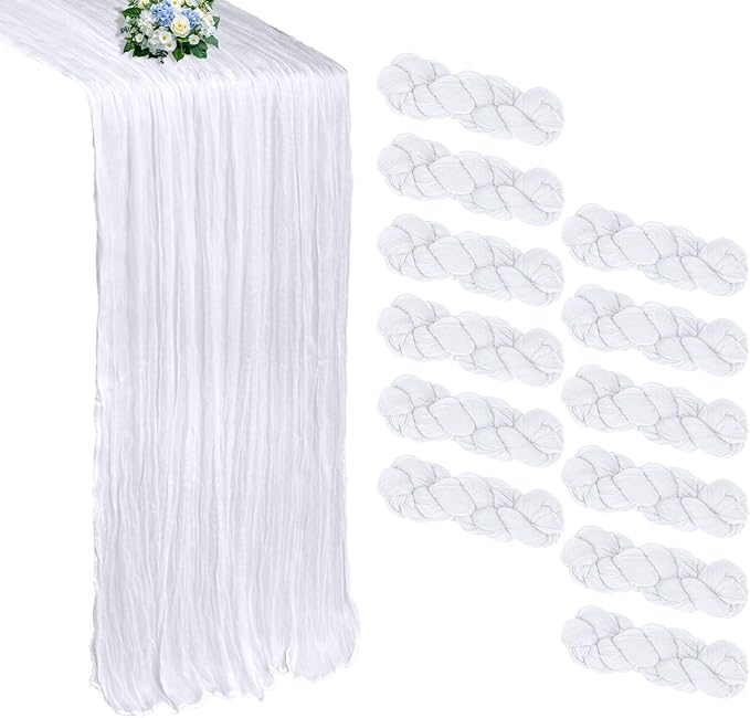 12 Pack White Cheesecloth Table Runner 10FT Boho Cheese Cloths Gauze Fabric Table Runners 120 Inch Rustic Sheer for Wedding Birthday Party Baby Shower Centerpiece Home Decorations