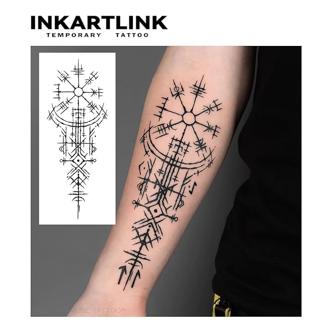 INKARTLINK Temporary Tattoos, 2 Sheets Large Semi Permanent Tattoo, Adult Art Design Temporary Tattoos, Lasts 1-2 Weeks, Waterproof, Realistic Look, No Adhesive, No Reflection (Ancient symbols)