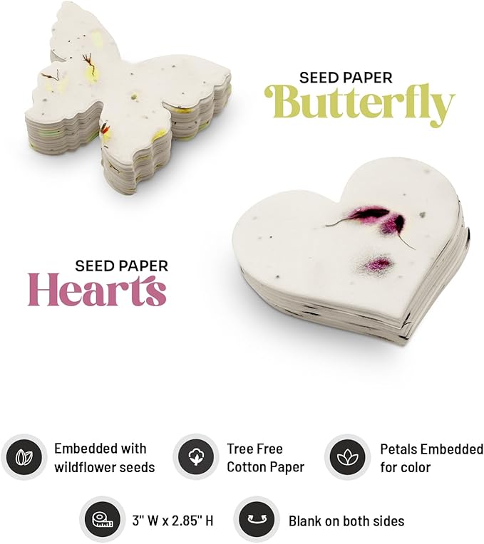 48pcs Seed Paper – 24pcs Hearts & 24pcs Butterflies Plantable Wildflower, Writable & Plantable Gift for Moms, & Plant Lover, Ideal for Weddings, Baby Shower, Memorial, & Celebrations