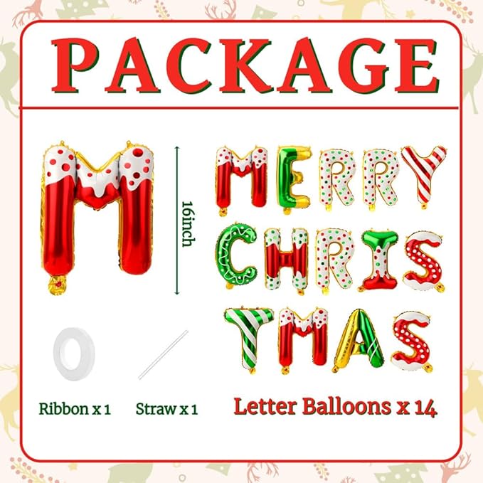 16 Inch Merry Christmas Balloons 14 PCS Red and Green Balloons Banner Candy Cane Gingerbread Xmas Letter Aluminum Mylar Foil Balloon Decorations Backdrop Hanging Party Favors Supplies Indoor Outdoor