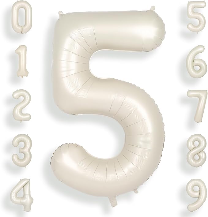 SUWEN 40 Inch Cream White Large 5 Number Balloons Big Foil Helium Number Balloons 0-9 Jumbo Happy 5th Mylar Birthday Party Decorations for Boy or Girl Anniversary Party Supplies