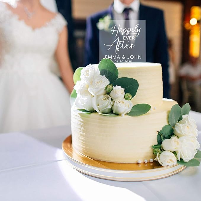 Andaz Press Happily Ever After Couple Name Custom Wedding Cake Topper, Acrylic Square Personalized Couple Cake Topper