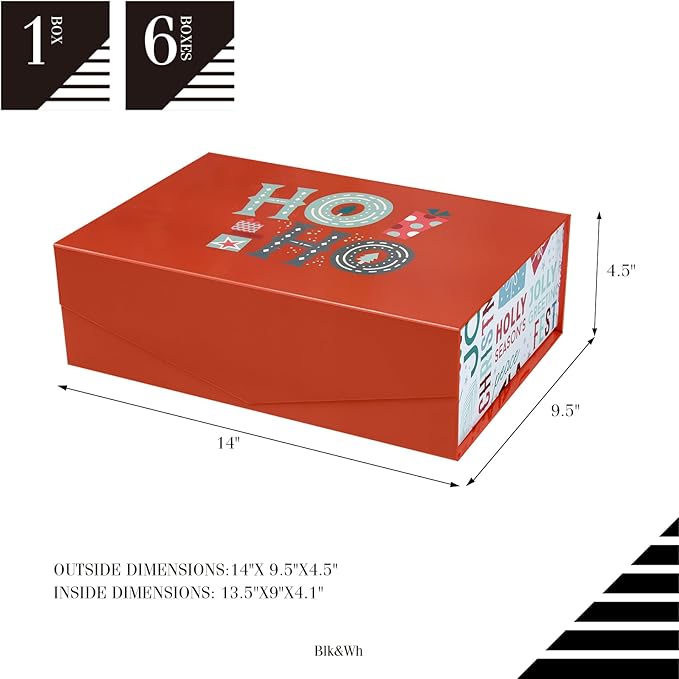 BLK&WH 6 Christmas Gift Boxes 13.5x9x4.1 Inches, Red Large Collapsible Gift Boxes with Magnetic Lids (Red)