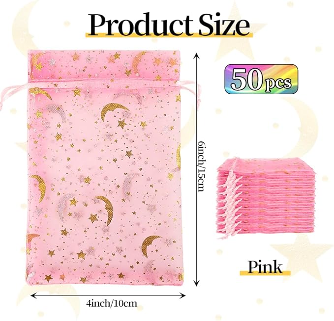 Moon Star Organza Bags 4x6 Small Mesh Bag Drawstring 50 Pcs Mesh Gift Bags Drawstring Pouch Wedding Favor Bags Jewelry Pouches Bulk Gift Pouch for Candy Soaps Birthday Festival Party Supplies, Pink