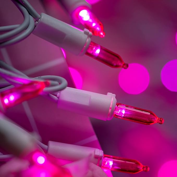 200 Count Pink LED Christmas Lights, 66 ft White Wire UL Certified Commercial Grade Holiday String Light Set (Pink)