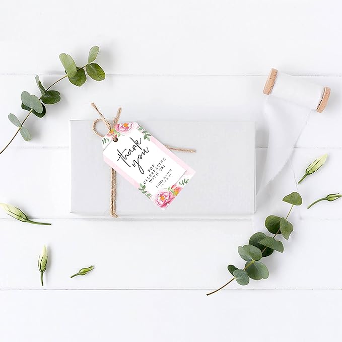 Andaz Press 100-Pack Personalized Thank You Tags with Bakers Twine, Pink Peonies Custom Cardstock Wedding Gift Tags 2 x 3.75-Inches