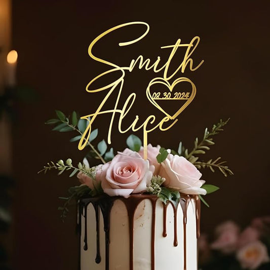 Wedding Cake Topper Custom Bride & Groom's Names and Wedding Date in Heart Personalized Cake Decoration in Acrylic