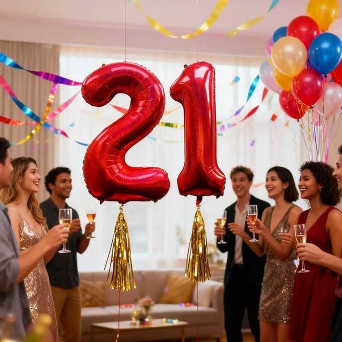 Laser Red Number 21 Balloons 40 Inch Giant Number Red 21 Foil Mylar Balloons for 21st Birthday Anniversary Events Party Decorations