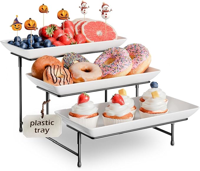 3 Tier Plastic Serving Tray for Party, 11.5" x 5.6" Platters for Serving Food, Microwave-Safe, White Reusable Trays with Black Metal Display Stand for Cupcakes, Sevring Food, Dessert, Fruit, Black