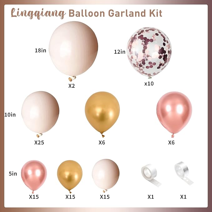 Blush Balloon Garland Kit, Nude Beige Metallic Gold and Rose Gold Confetti Latex Balloons Double Stuffed Cream Pink White Balloon Arch for Girls Wedding Baby Bridal Shower Birthday Party Decorations