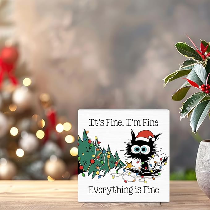 He Sees You When You're Pooping Bathroom Sign Christmas Bathroom Decorations Funny Black Cat Tree Decor for Home Desk Table Shelf 5 X 5 Inch