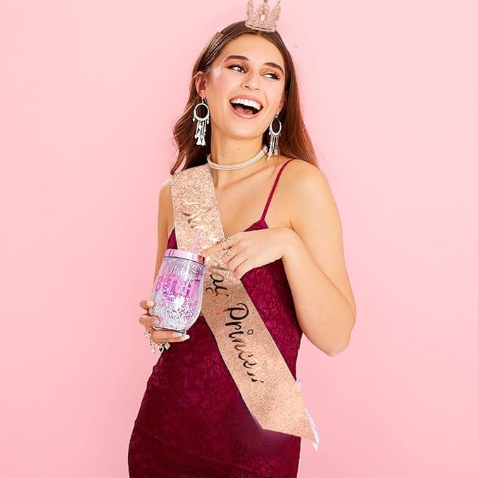 Birthday Princess Sash for Women Tiara & Crowns Headbands for Girls Happy Birthday Party Accessories Favor Supllies Leona Rose Gold Pink, 2 Pack