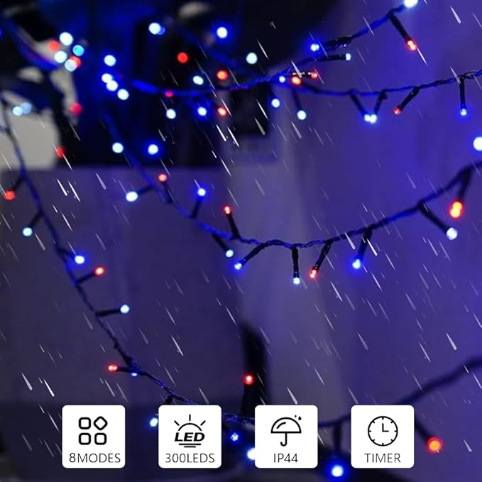 Red White and Blue String Lights, 4th of July Independence Day Lights Decoration, 300 LED 98ft, Waterproof with 8 Modes Plug in, Timer, Expandable, Memorial Day Patriotic Party Decor, Outdoor, Indoor