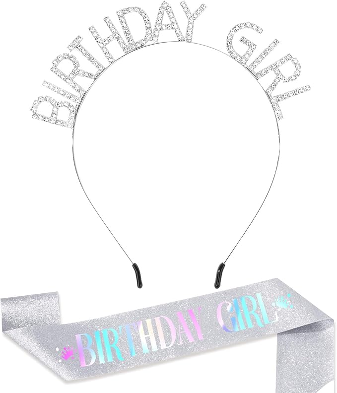 CAVETEE Birthday Girl Crown and Sash， Princess Tiara Happy Birthday Headband Party Accessories for Women and Girls