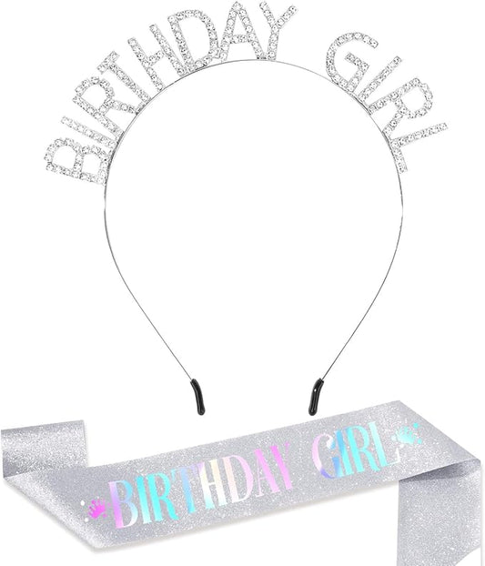 CAVETEE Birthday Girl Crown and Sash， Princess Tiara Happy Birthday Headband Party Accessories for Women and Girls