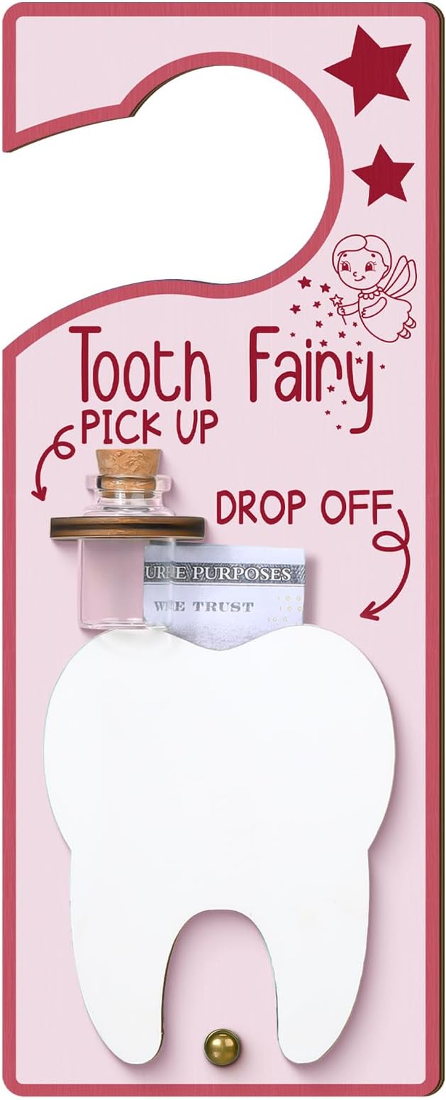 Tooth Fairy Holder Bag Door Hanger with Money Slot Keepsake Bottle Velvet Pouch Teeth Fairy Box Encourage Gift for Lost Teeth Boy Girl Milk (Fresh,Pink)