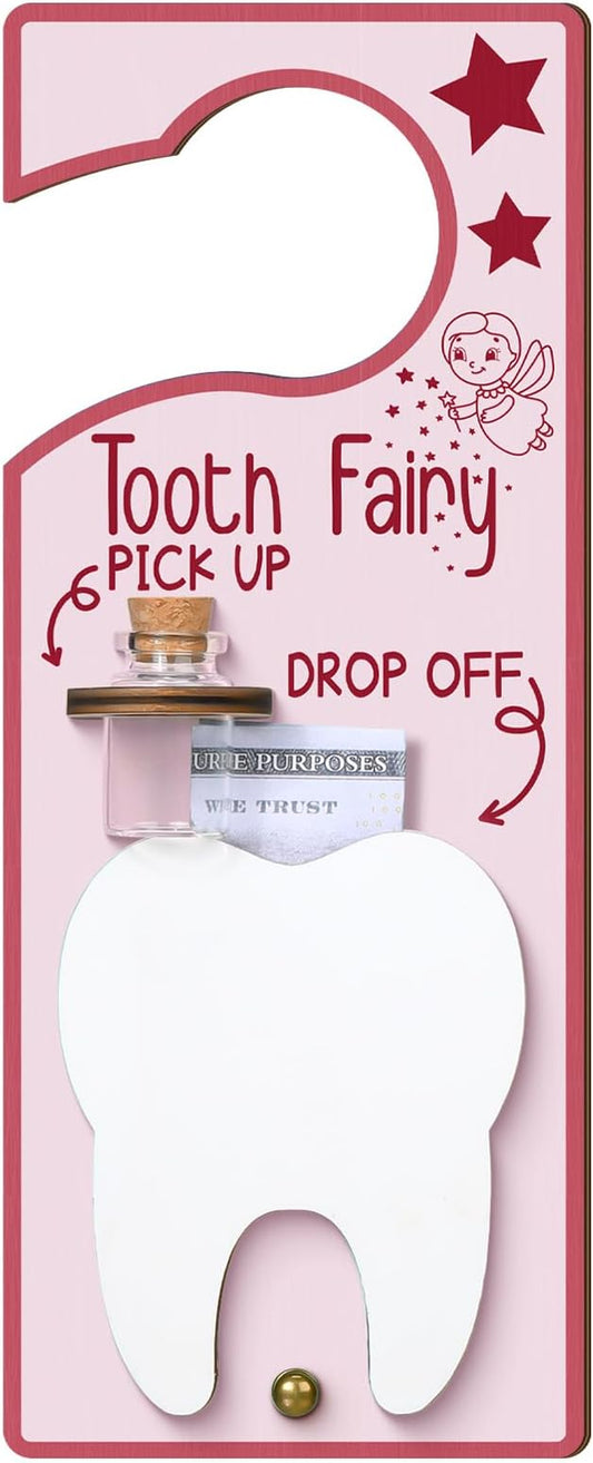 Tooth Fairy Holder Bag Door Hanger with Money Slot Keepsake Bottle Velvet Pouch Teeth Fairy Box Encourage Gift for Lost Teeth Boy Girl Milk (Fresh,Pink)