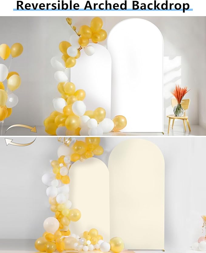 Hemmotop Double Color Wedding Arch Backdrop Cover, Set of 2 (7.2ft, 6ft), 2 Sided Stretchy Spandex Fitted Balloon Arch Stand Backdrop for Birthday Party, Baby Shower, White and Light Beige