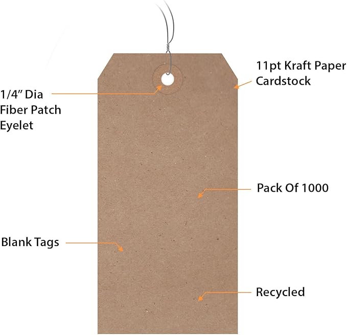 SmartSign Brown Blank Gift Tags with Wires - 1000-Pack, 4.75" x 2.375", Size-5 Eco-Friendly Tags with Fiber Patch, 11 pt Pre-Wired Recycled Kraft Paper Tags for Packing/Shipping, USA-Made