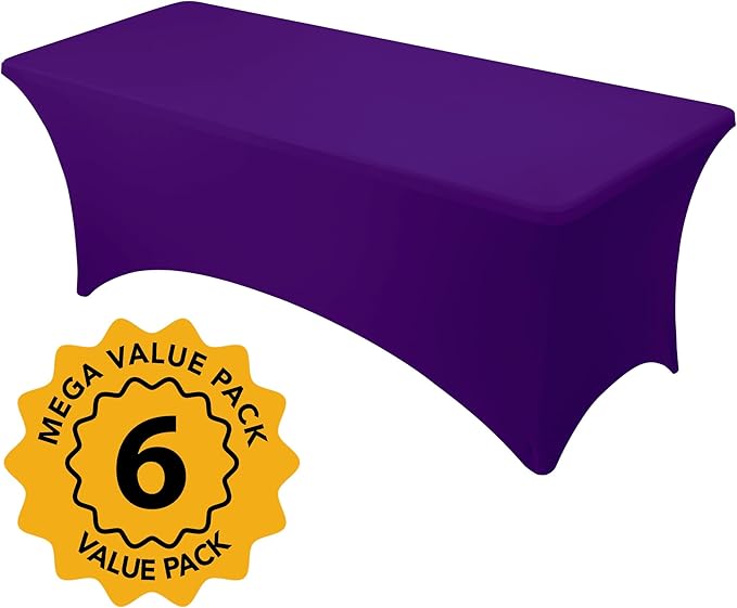 6-Pack Premium Purple Spandex Tablecloths for 8ft Rectangle Tables, Stain & Wrinkle-Resistant, Washable Stretch Polyester Fitted Table Cover for Weddings, Banquets, Trade Shows Events