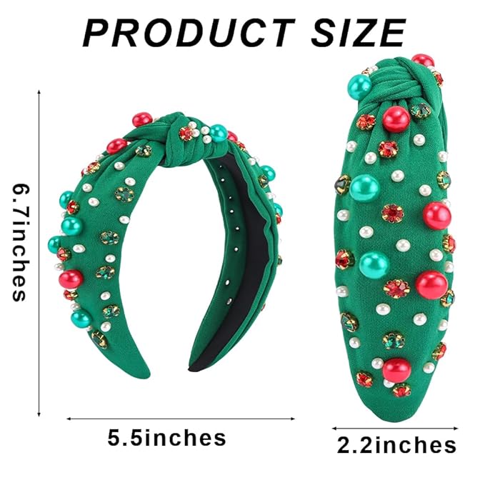 TODDER Green Christmas Knotted Headband, Santa Embellished Pearl Rhinestone Crystal Headband for Women and Girls Christmas Hair Accessories Costumes and Gifts for Themed Parties and Holiday